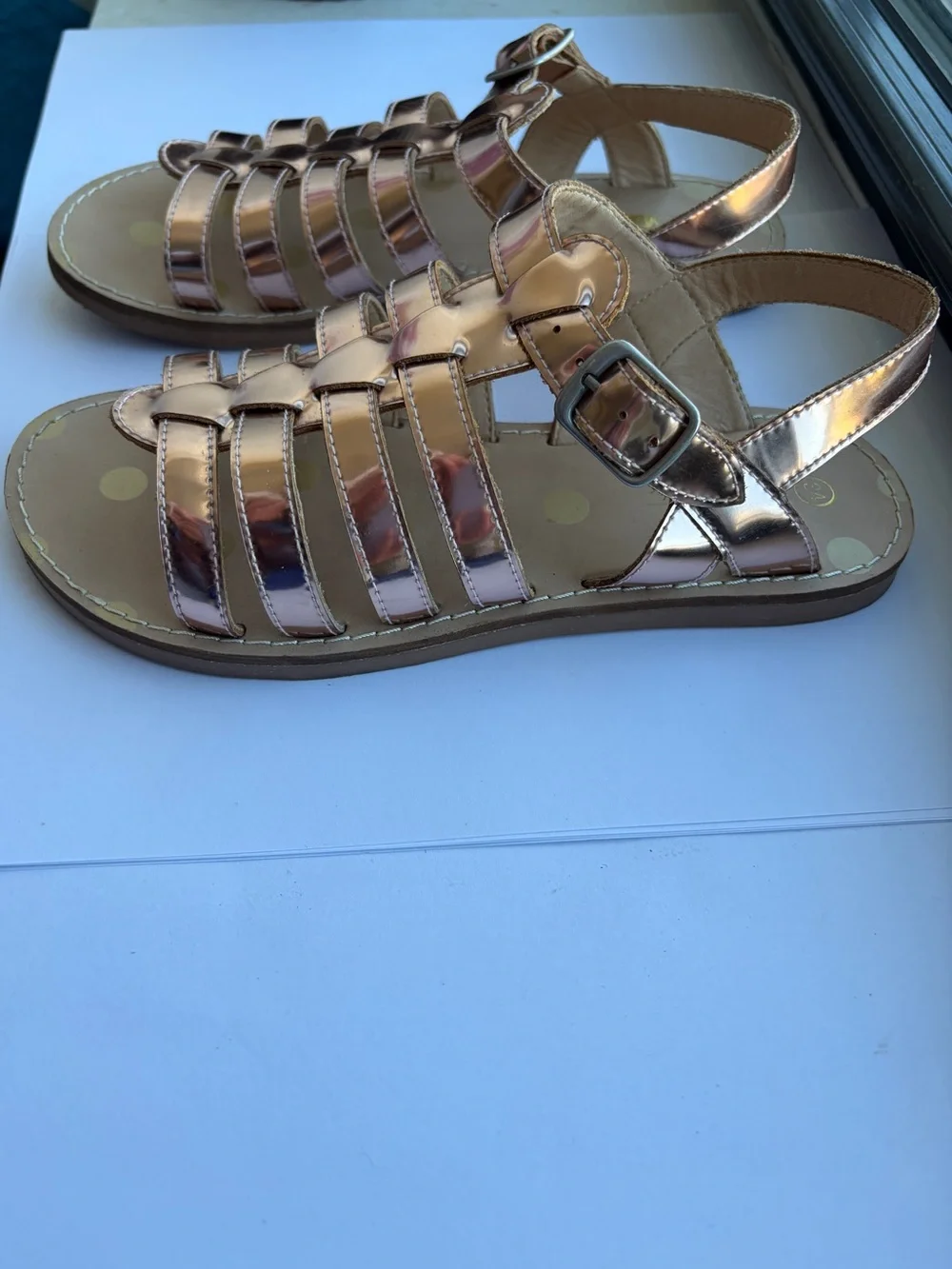 Mini Boden Girls Metallic Shiny Rose Gold Gladiator Sandals with Buckle